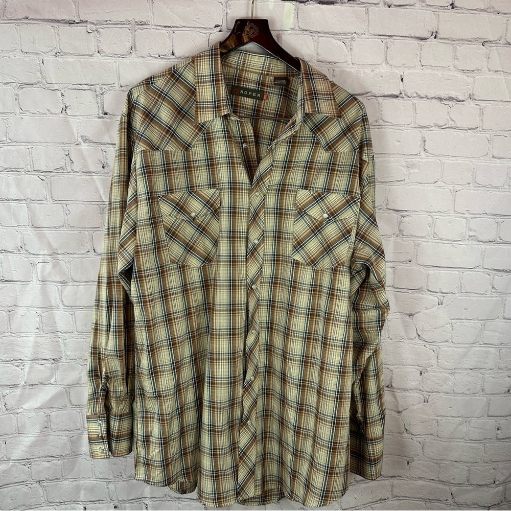 Roper Cream Brown plaid western pearl snap long sleeve Shirt botton blend sz 2XL